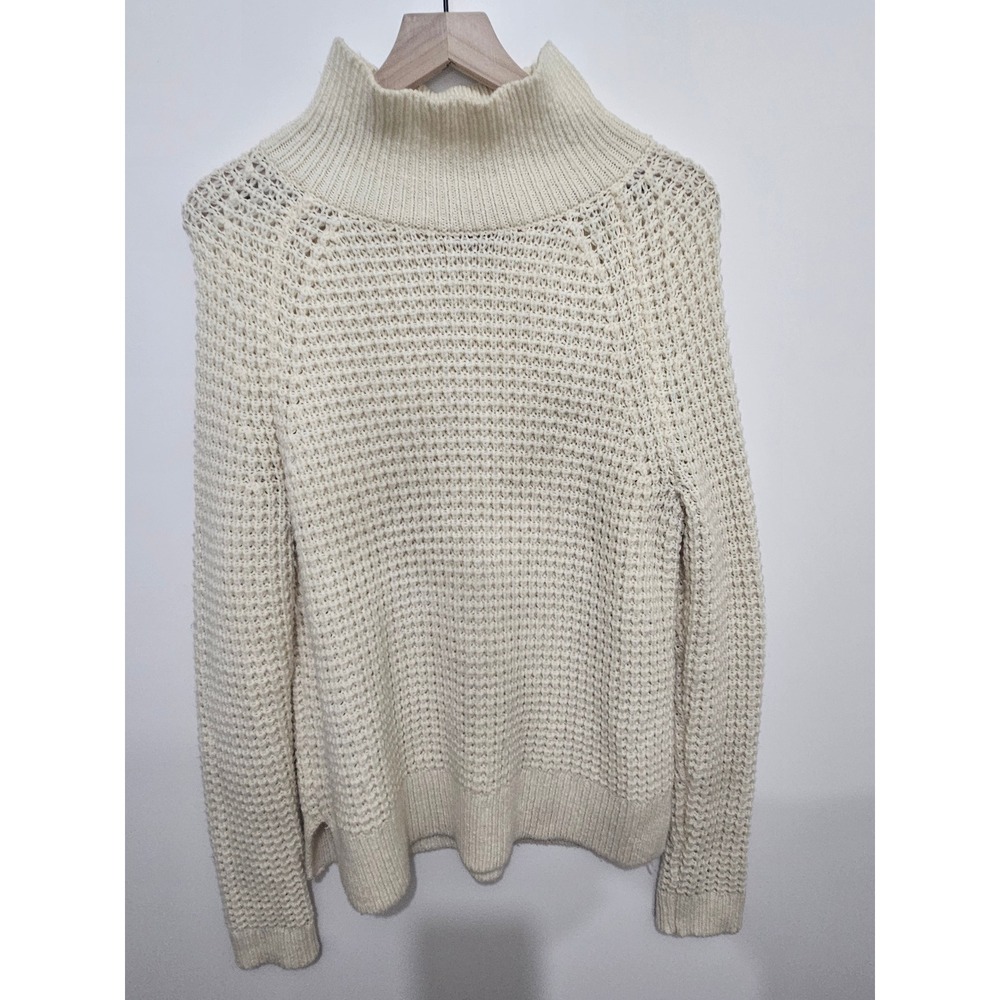 Loft Ivory Waffle Knit Funnel‎ Neck Sweater Merino Wool Mohair Blend Large